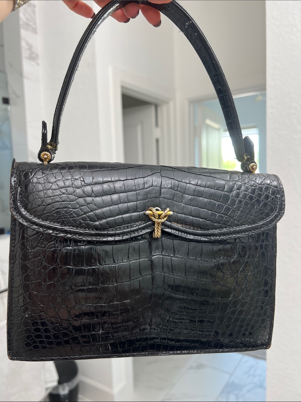 LOPEZ Buenos Aires Black Croc-Embossed Top-Handle Bag with Gold Accent